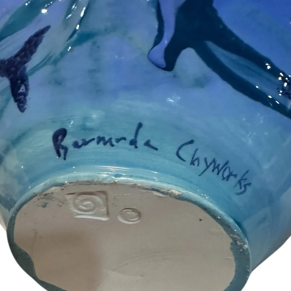 Handmade Blue Whale Pottery‎ Creamer Pitchers & Bowl Set Signed